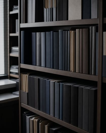 Rayonnages d'un cabinet d'expertise comptable garnis de classeurs et de reliures
